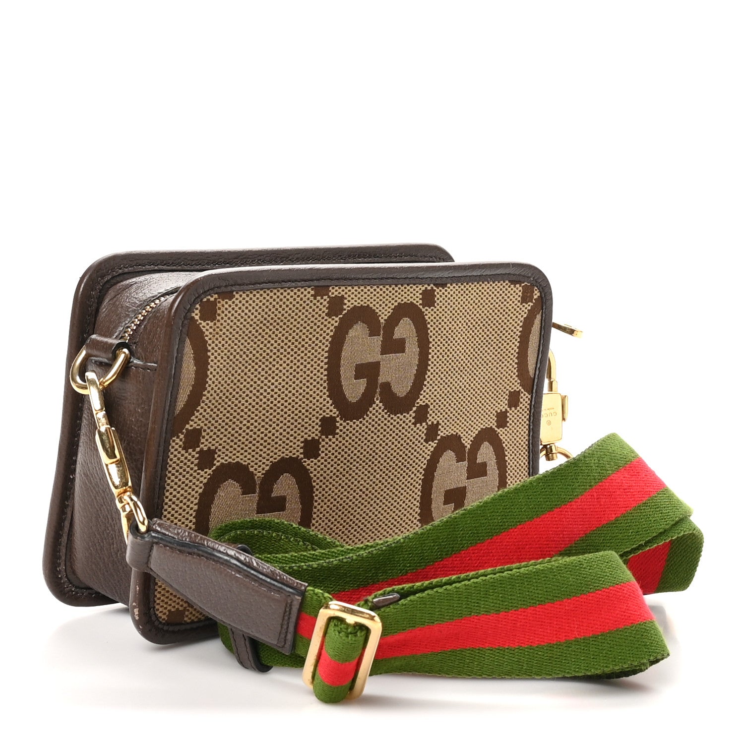 Gucci Monogram Jumbo GG Textured Dollar Calfskin Web Mini Crossbody Bag Camel Ebony New Acero 3 of 11