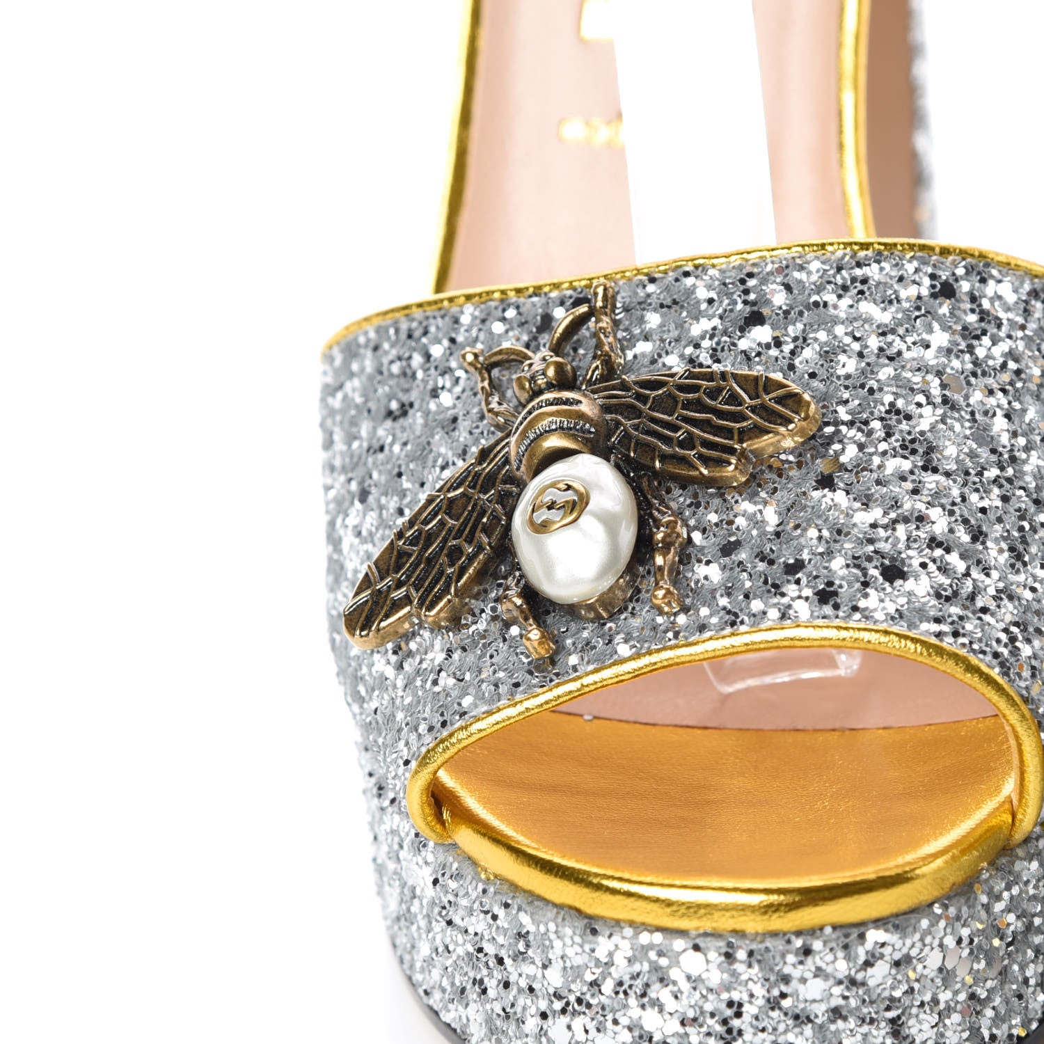 Gucci Glitter Soko Bee Platform High Heel Sandals 40 Argento Oro