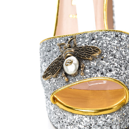 Gucci Glitter Soko Bee Platform High Heel Sandals 40 Argento Oro Vecchio 8 of 10