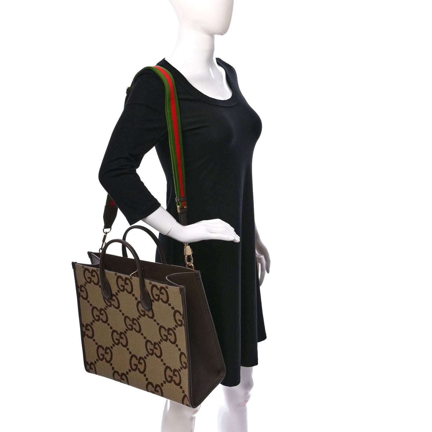 Monogram Jumbo GG Textured Dollar Calfskin Web Tote Bag Camel Ebony New Acero