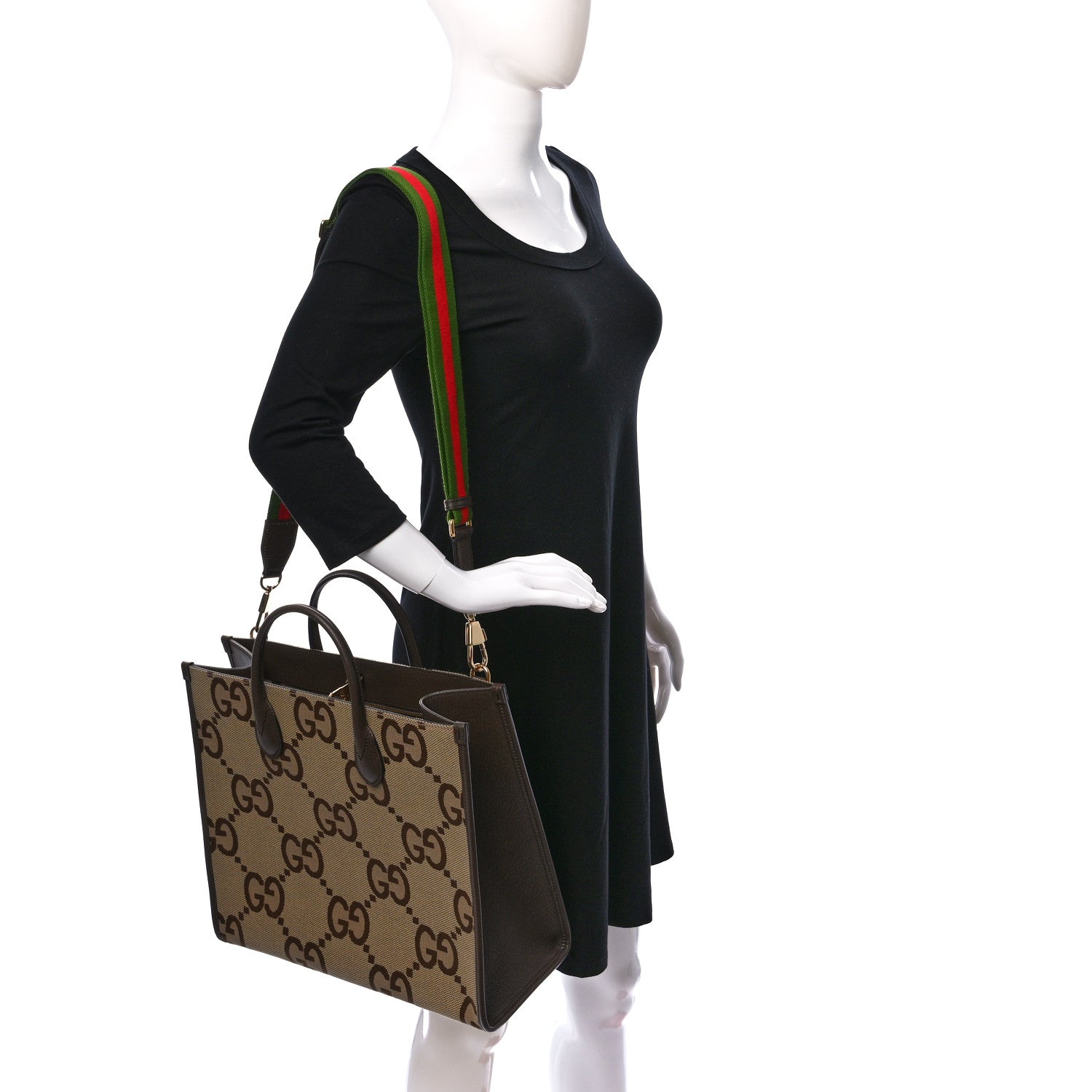 Gucci Monogram Jumbo GG Textured Dollar Calfskin Web Tote Bag Camel Ebony New Acero 2 of 9