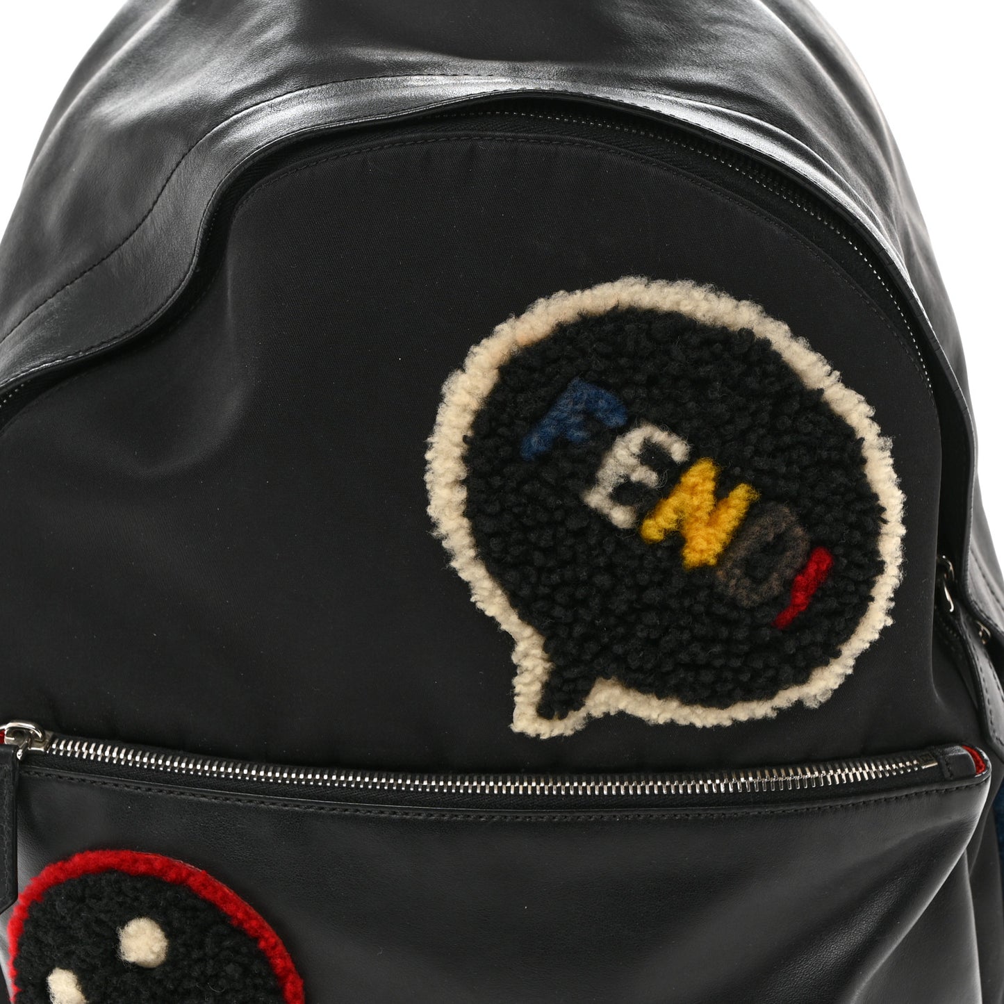 Nylon Calfskin Shearling Emoticon Backpack Black
