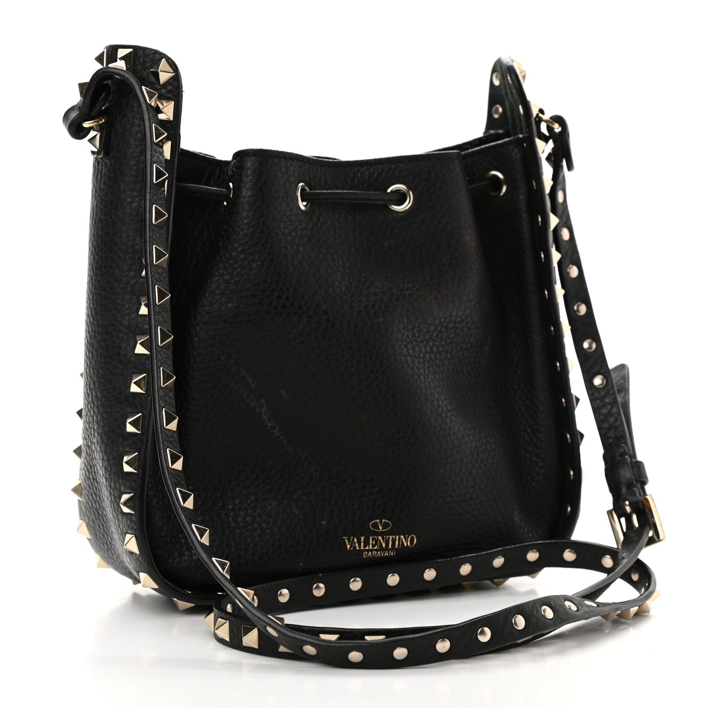 Grained Calfskin Rockstud Bucket Bag Black