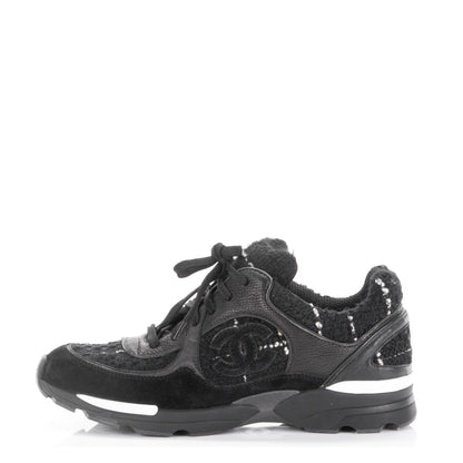 Chanel Tweed Suede Goatskin CC Sneakers 38 Black White 1 of 8
