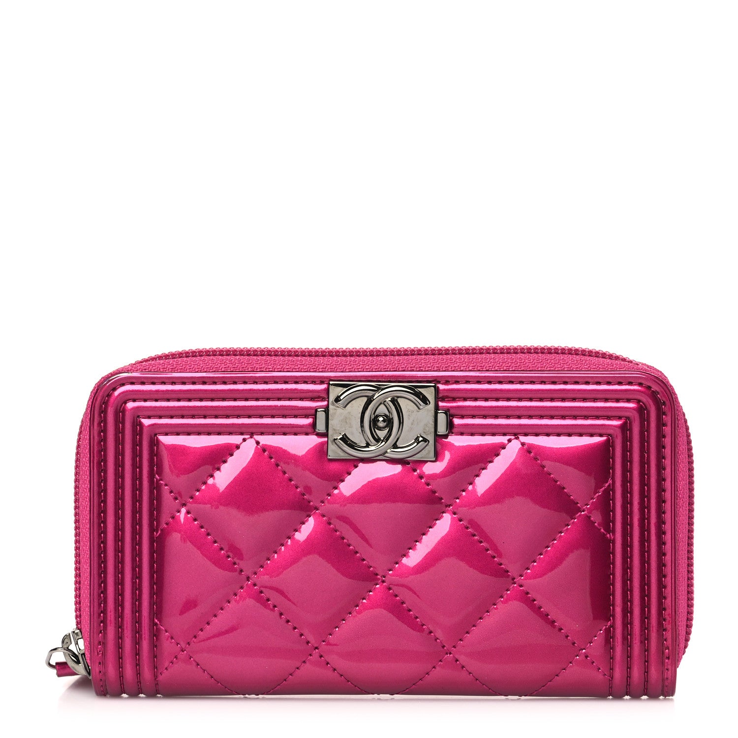 Chanel Metallic Patent Quilted Boy Zip Around Wallet Fuchsia 1 of 10