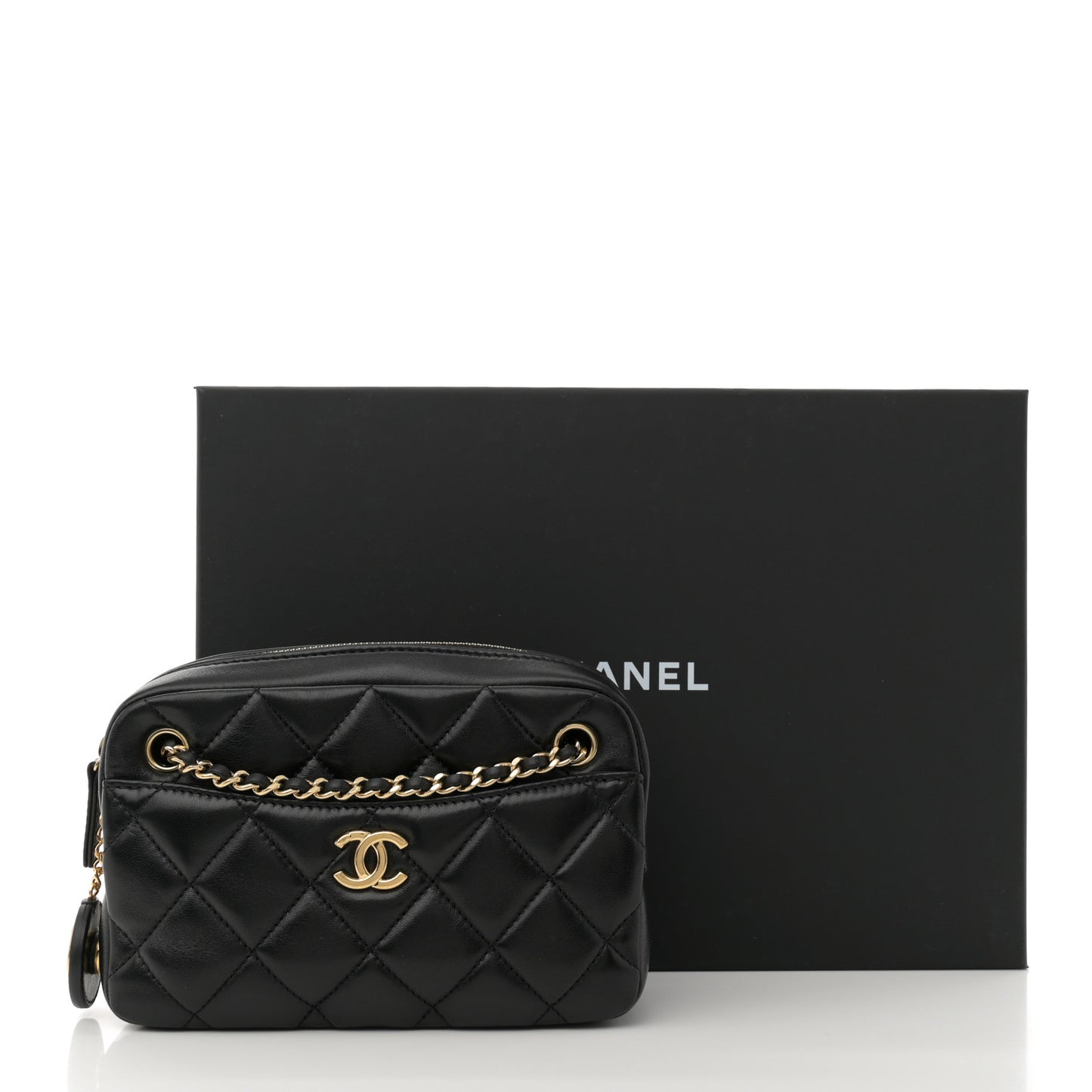 Shiny Lambskin Quilted Mini Camera Case Black