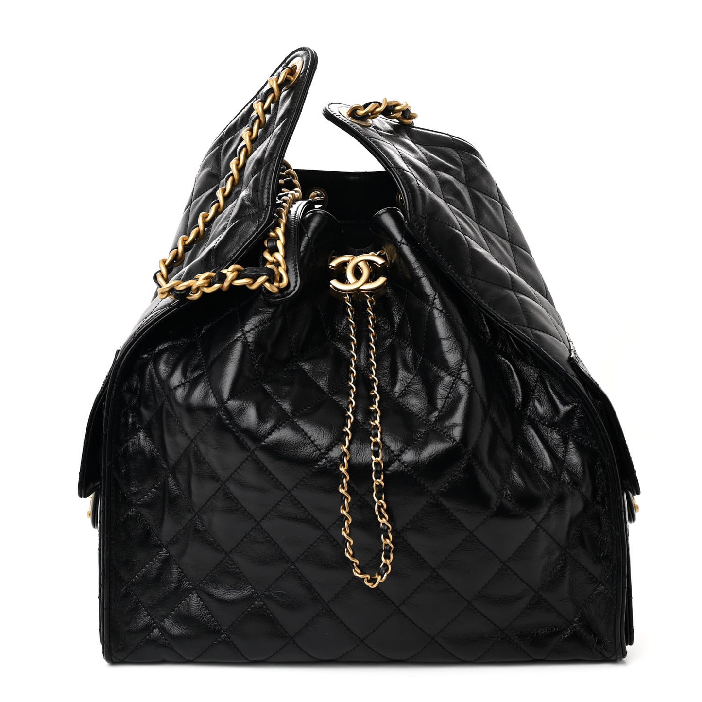 Shiny Crumpled Calfskin Quilted Medium Chanel 25 Handbag Black