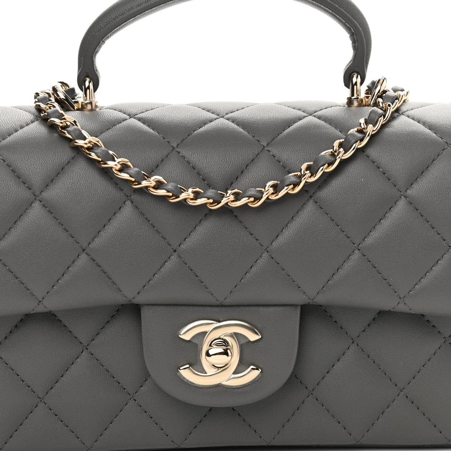Lambskin Quilted Mini Top Handle Rectangular Flap Dark Grey