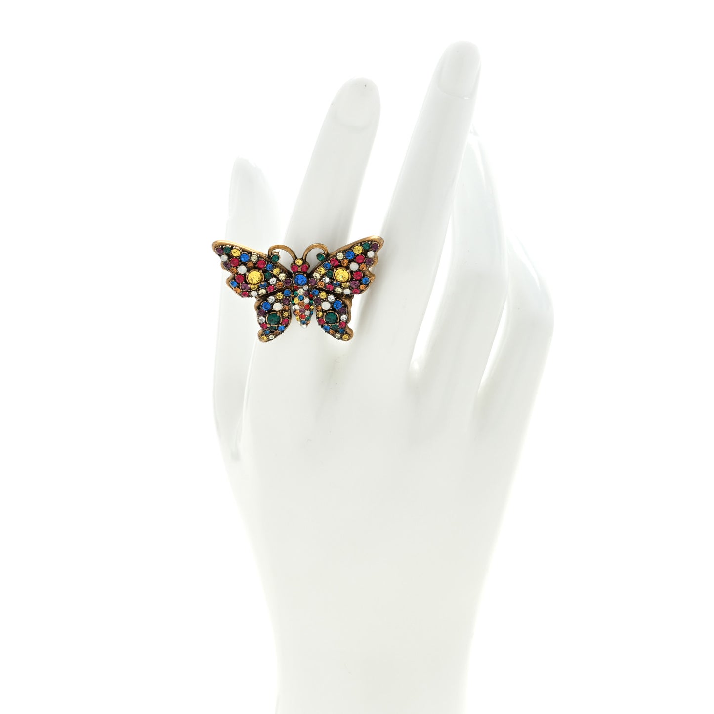 Metal Crystal Butterfly Studded Ring 57/8 Aged Gold Multicolor