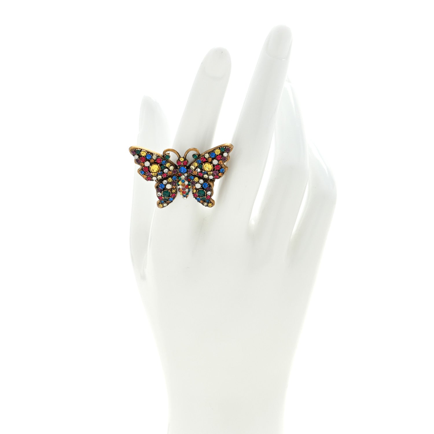 Gucci Metal Crystal Butterfly Studded Ring 57/8 Aged Gold Multicolor 2 of 4
