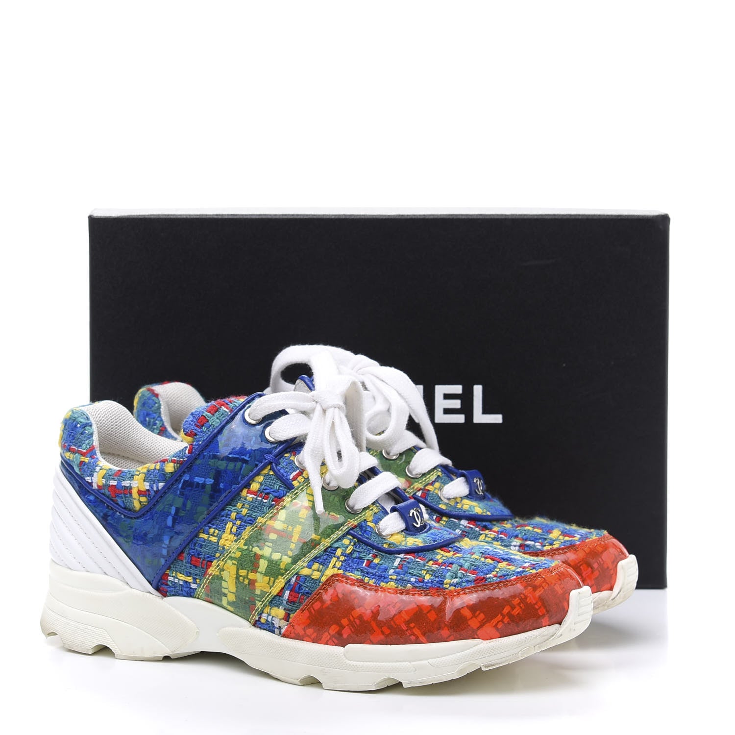 Chanel Tweed Calfskin Tennis Sneakers 37 Red Yellow Blue 9 of 9