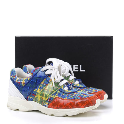 Chanel Tweed Calfskin Tennis Sneakers 37 Red Yellow Blue 9 of 9