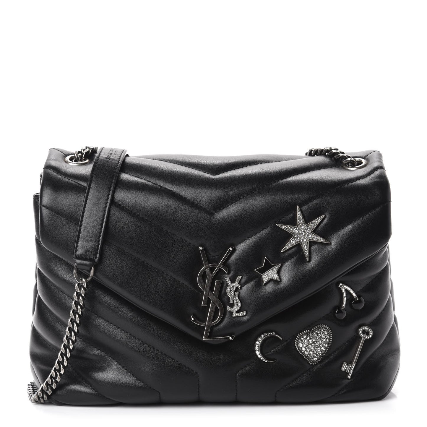 Calfskin Y Quilted Monogram Small Charm Loulou Chain Satchel Black