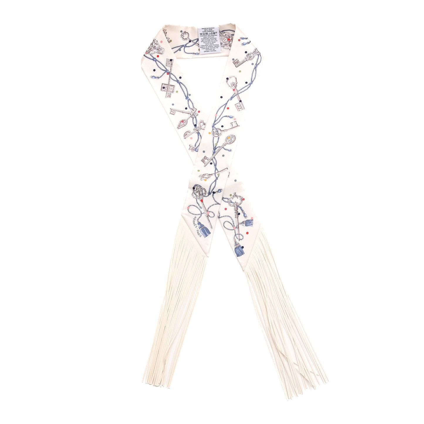 Silk Calfskin Les Cles A Pois Fringed Twilly Creme Gris Perle Multicolor