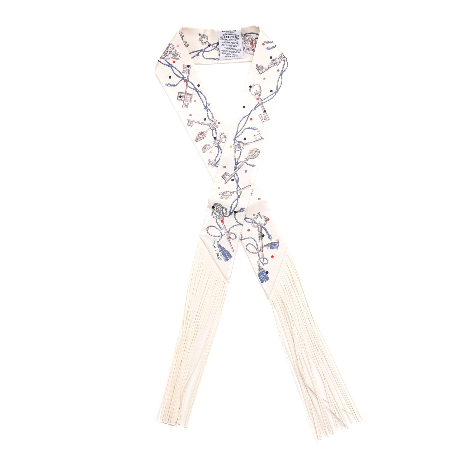 Hermes Silk Calfskin Les Cles A Pois Fringed Twilly Creme Gris Perle Multicolor 1 of 4