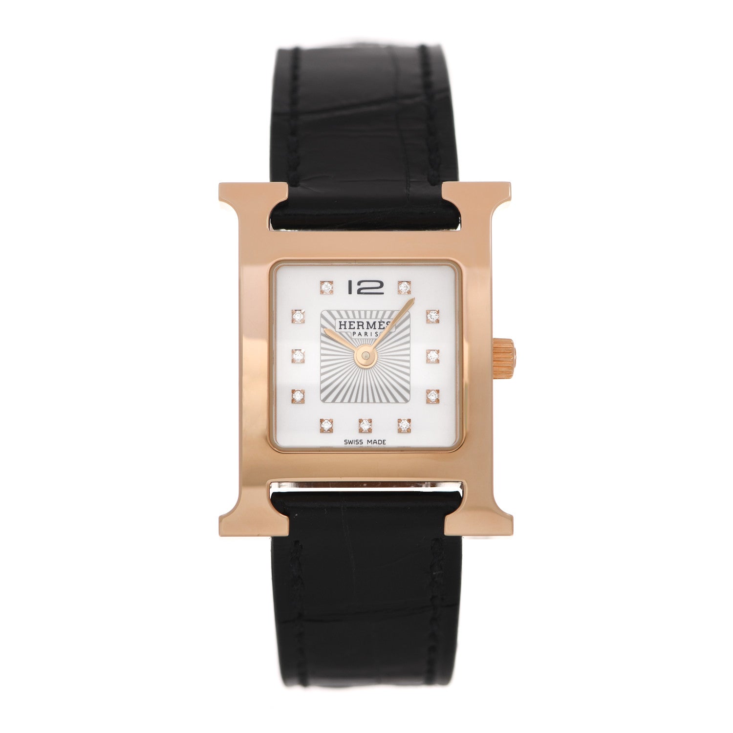 Hermes Stainless Steel Alligator Diamond Mother of Pearl 21mm Heure H Hour Quartz Watch Noir 1 of 5