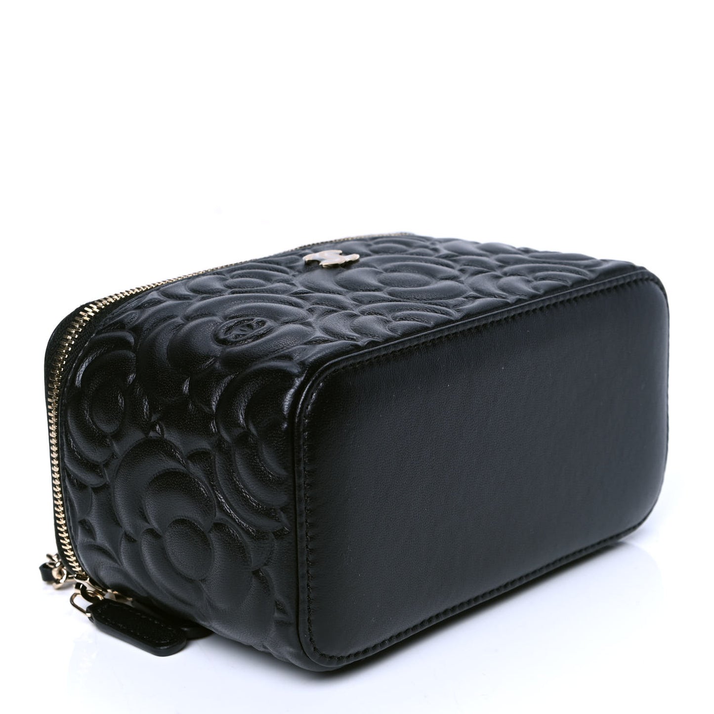 Goatskin Camellia Embossed Quilted Small Vanity Case With Chain Black
