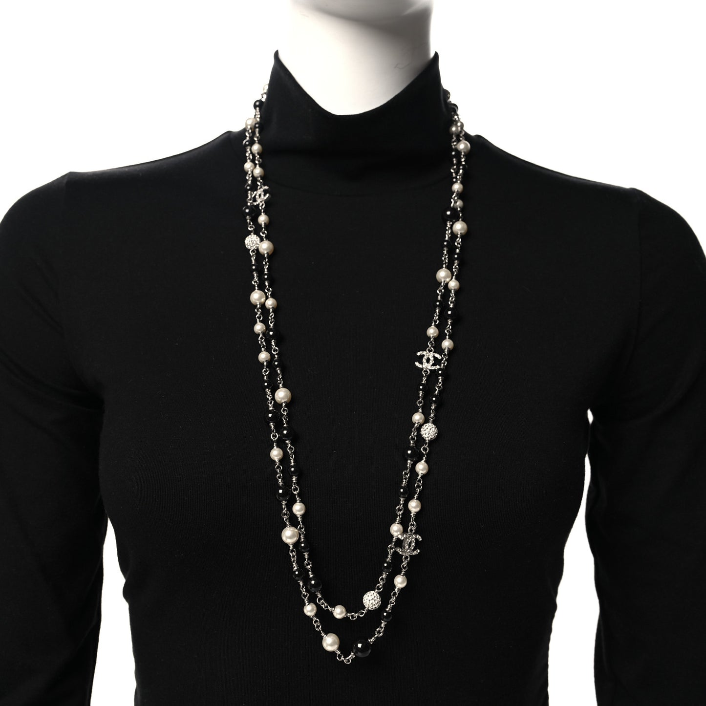 Pearl Crystal Bead CC Long Necklace Black Silver