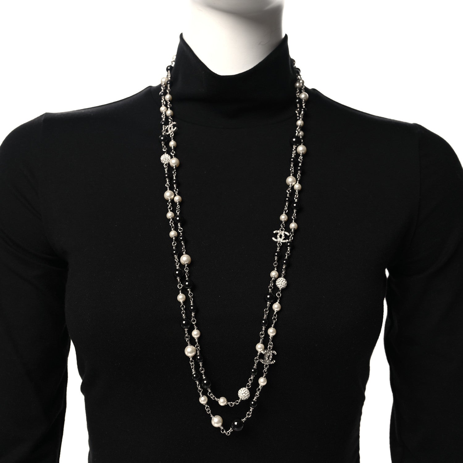 Chanel Pearl Crystal Bead CC Long Necklace Black Silver 2 of 5