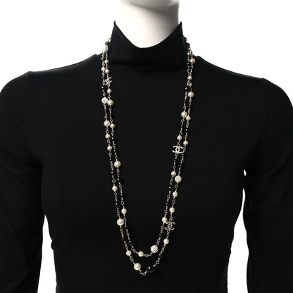 Chanel Pearl Crystal Bead CC Long Necklace Black Silver 2 of 5