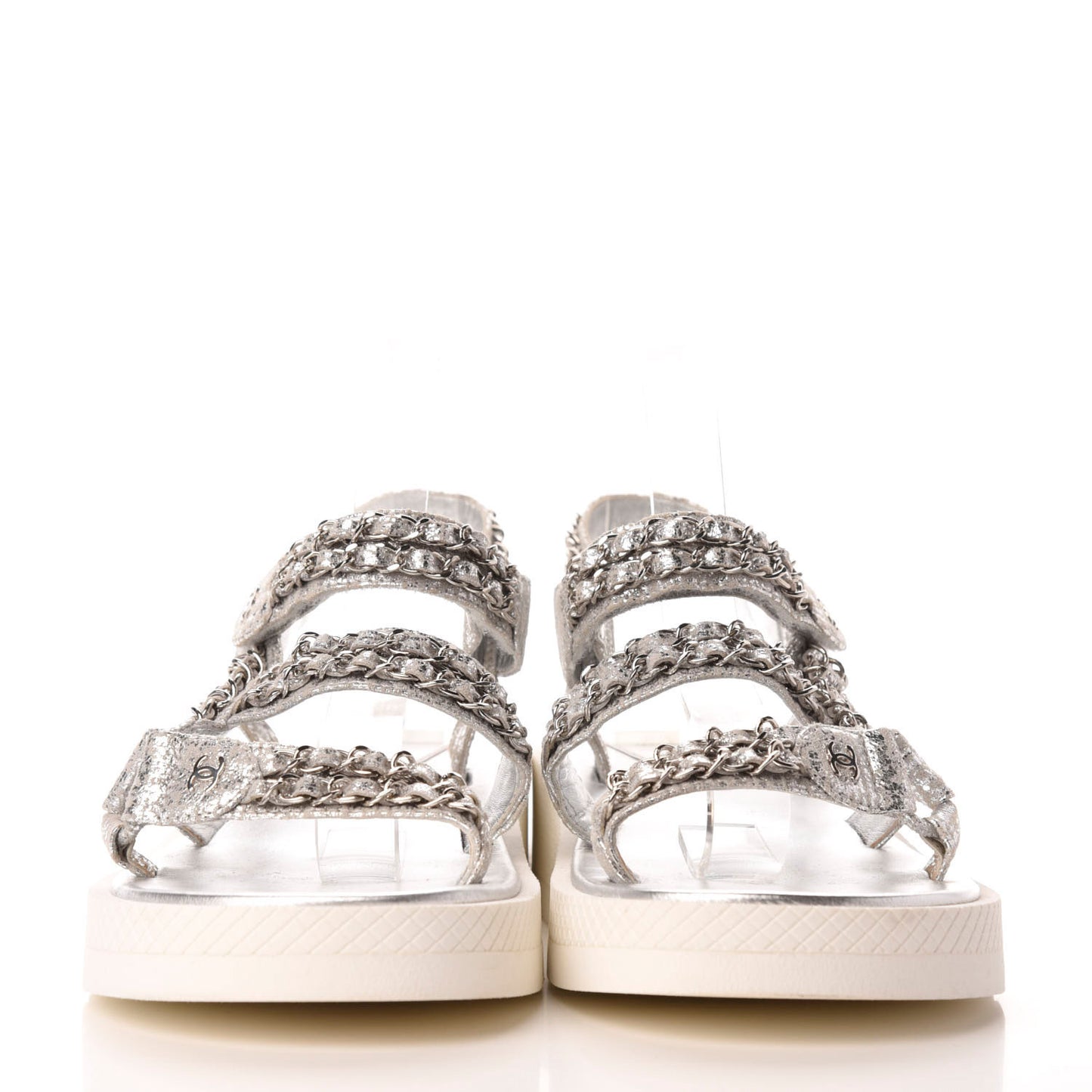 Metallic Lambskin Chain Platform Sandals 40.5 Silver