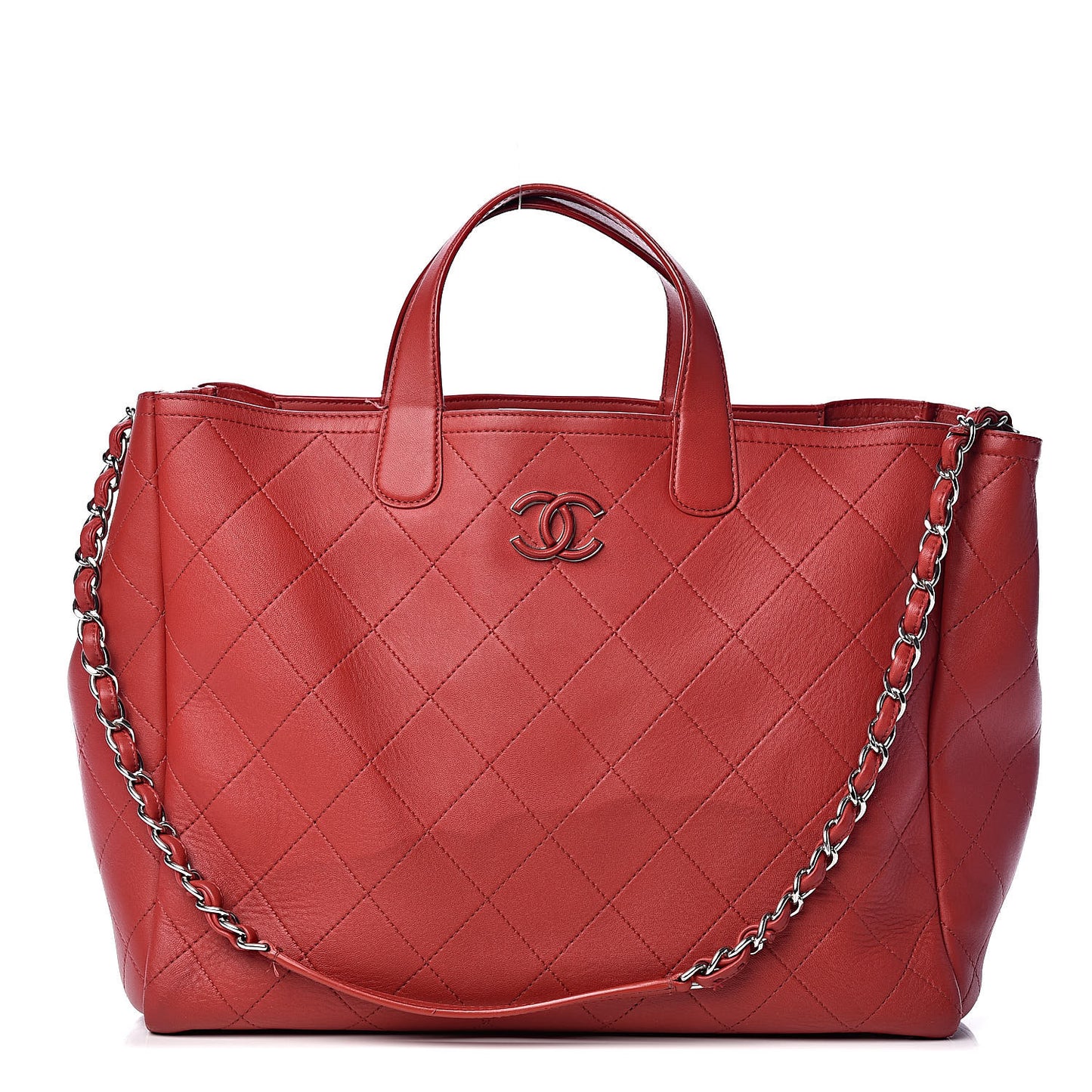 Lambskin Stitched Large Shopping Tote Red