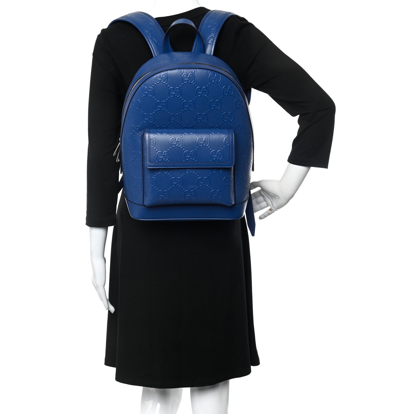 Calfskin GG Tennis Embossed Backpack Intense Metal Blue Black