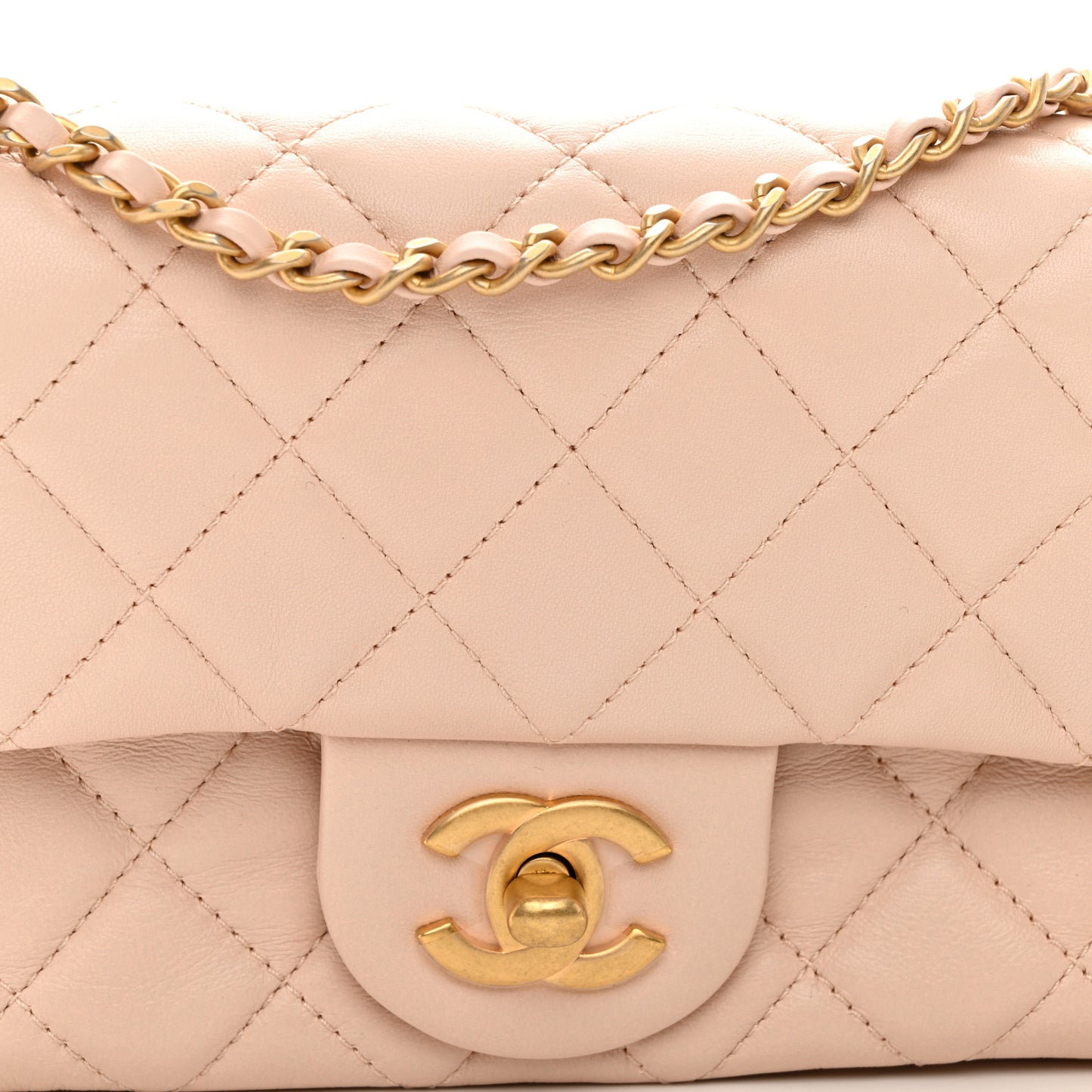Lambskin Quilted Mini Rectangular Pearl Crush Flap Light Beige