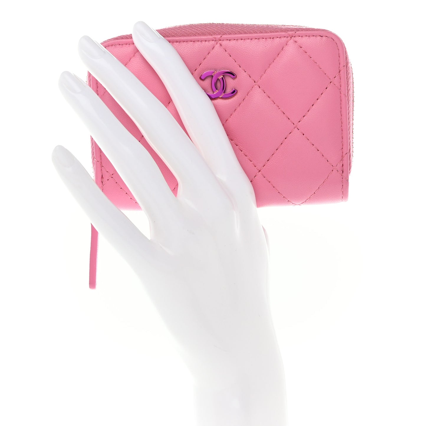Lambskin Quilted Zip Around Coin Purse Wallet Pink Yellow
