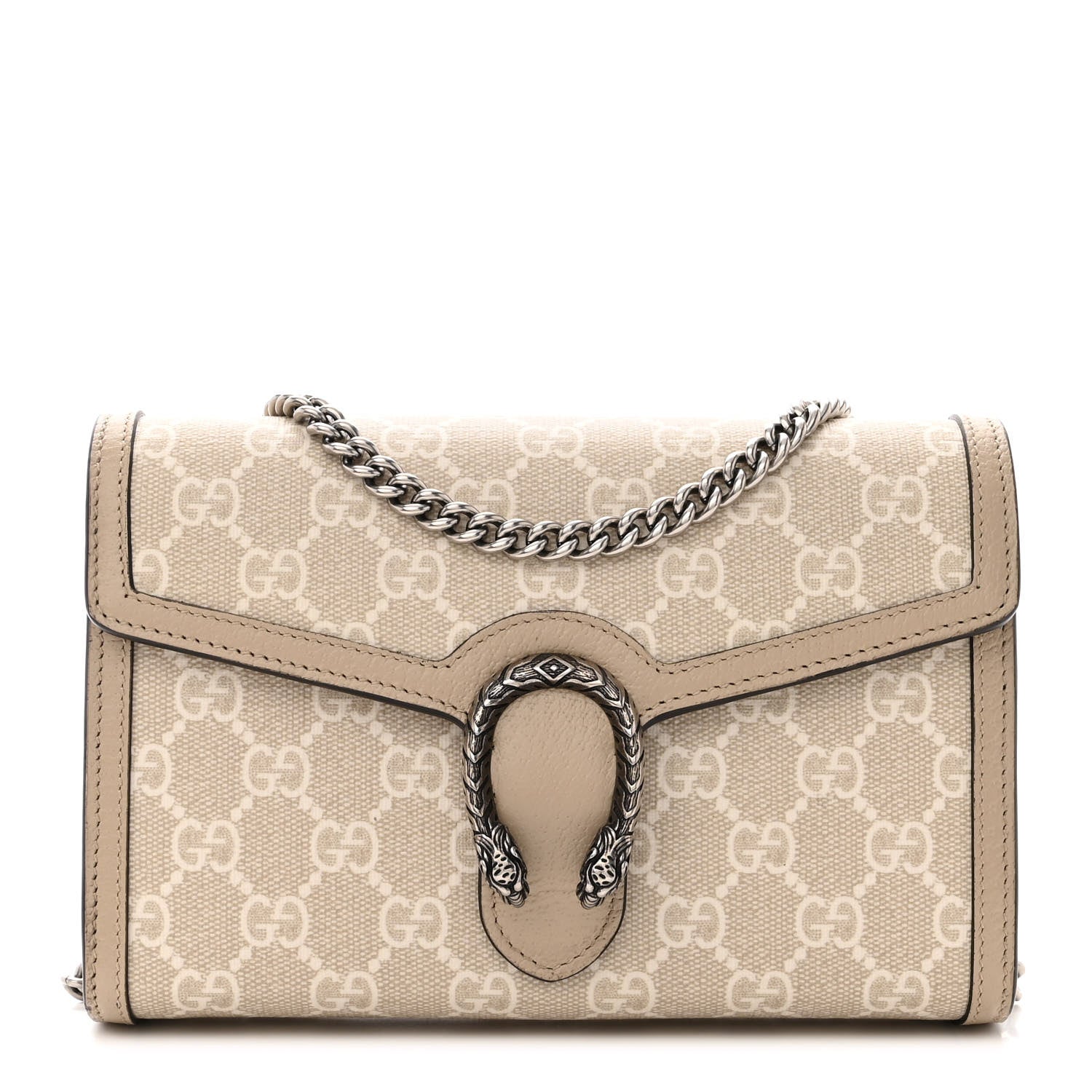 Gucci GG Supreme Monogram Textured Dollar Calfskin Mini Dionysus Chain Wallet Beige Mystic White Oatmeal 1 of 12