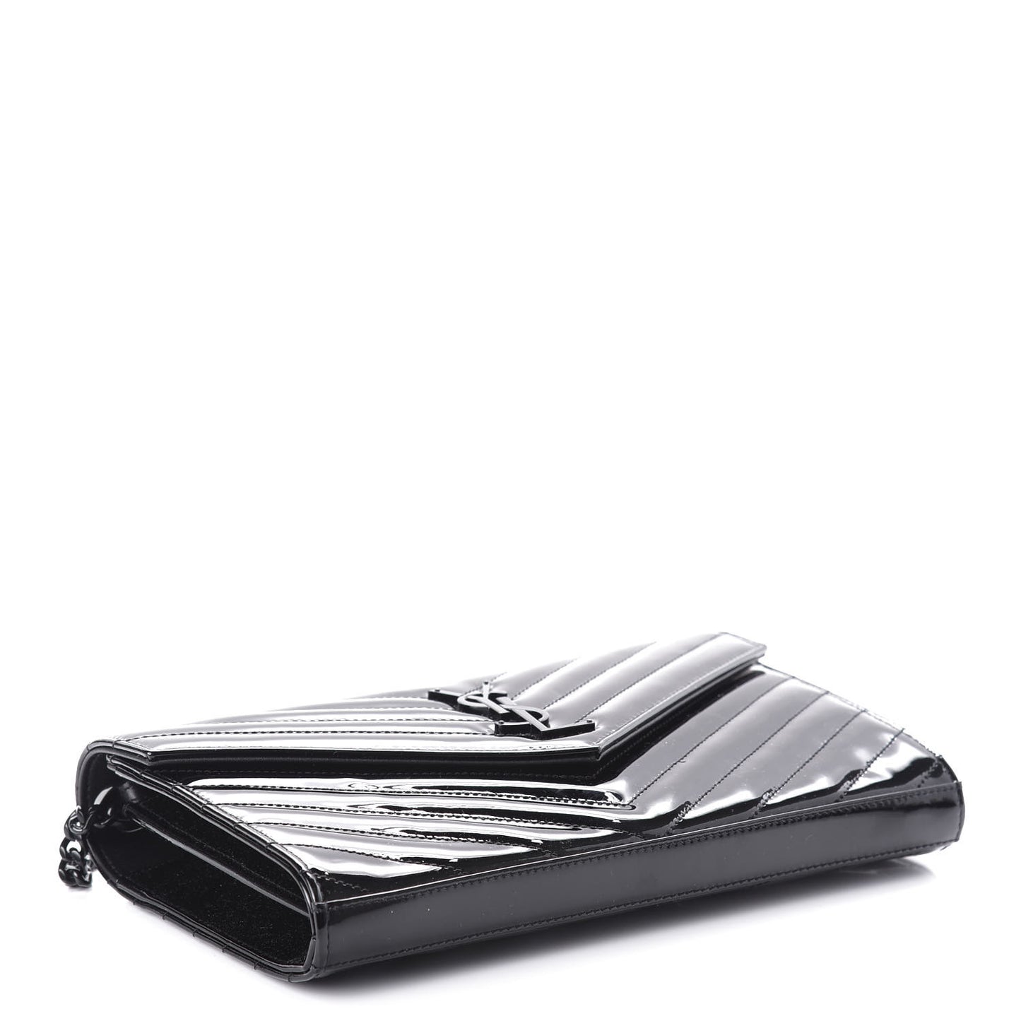 Patent Matelasse Chevron Monogram Chain Wallet Black