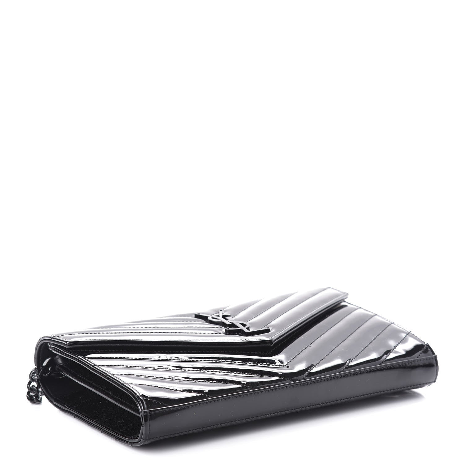 Saint Laurent Patent Matelasse Chevron Monogram Chain Wallet Black 4 of 10