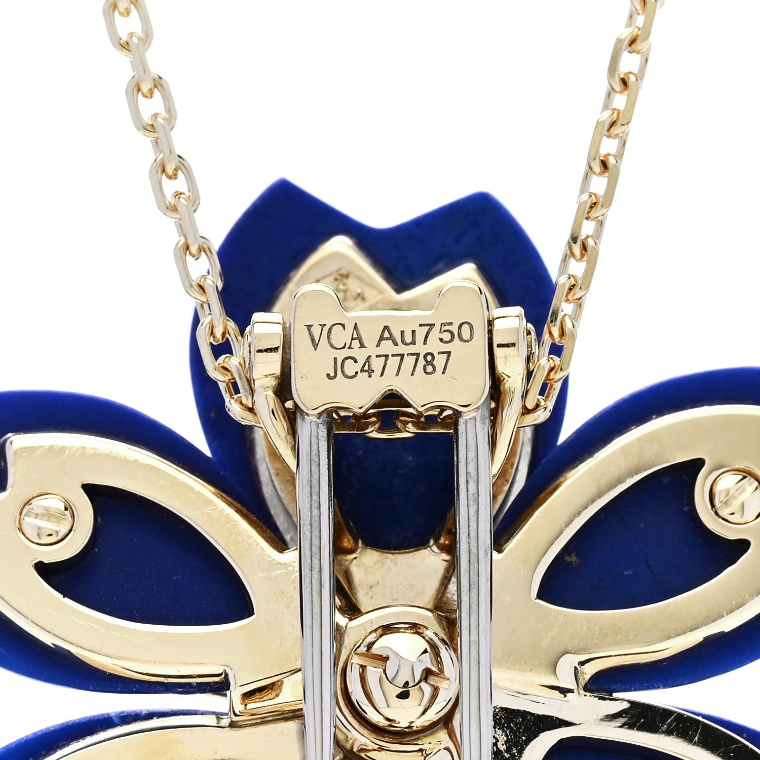Van Cleef & Arpels 18K Yellow Gold Diamond Lapis Lazuli Small Rose De Noel Pendant Necklace 5 of 9