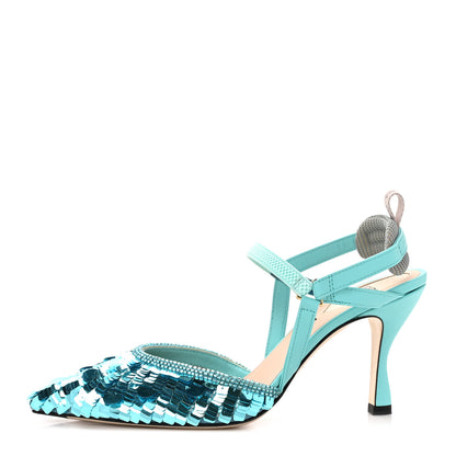 Fendi Organza Sequin Paillettes Colibri Lite 85mm Slingback Pumps 36.5 Nudo Blue Tiffany Blue 1 of 8