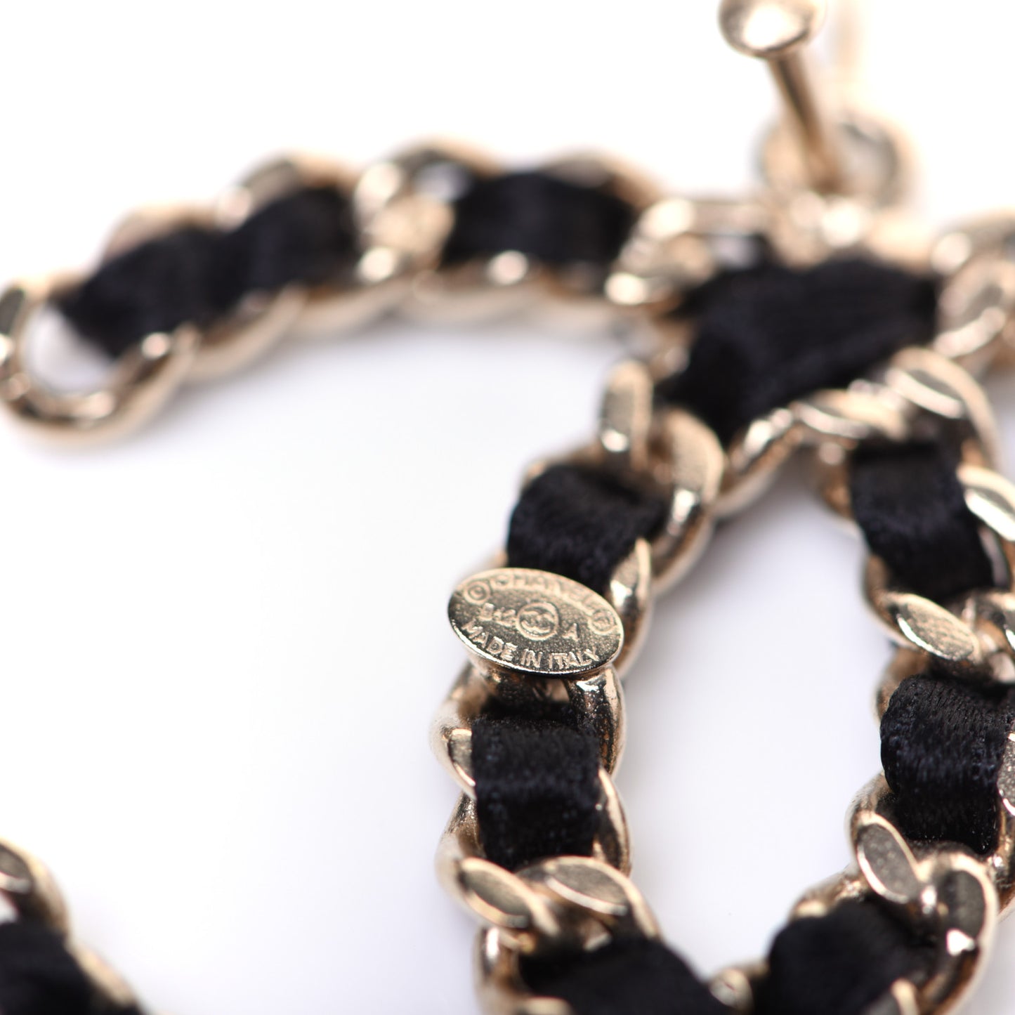 Satin CC Chain Earrings Light Gold Black