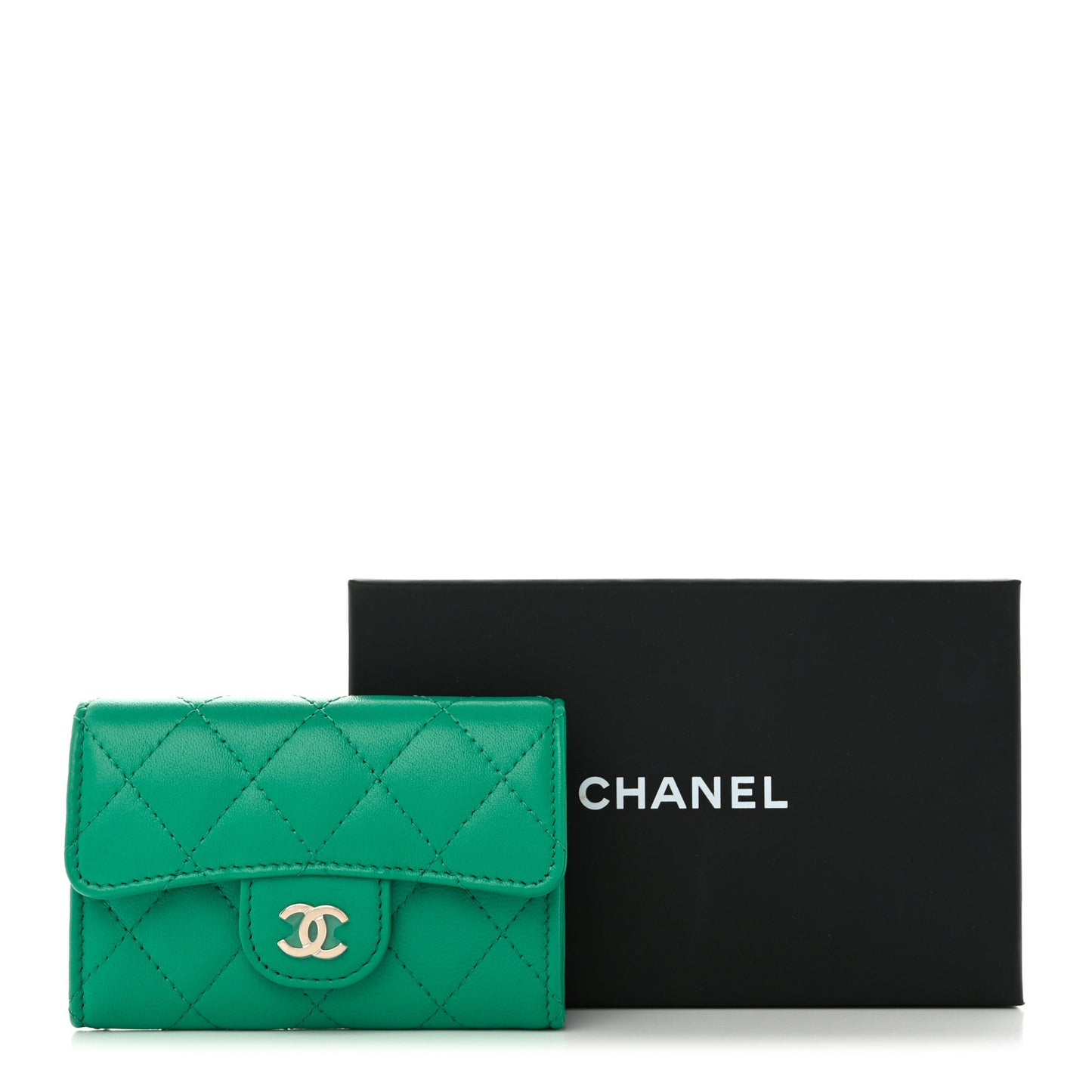 Lambskin Quilted Flap Card Holder Wallet Green