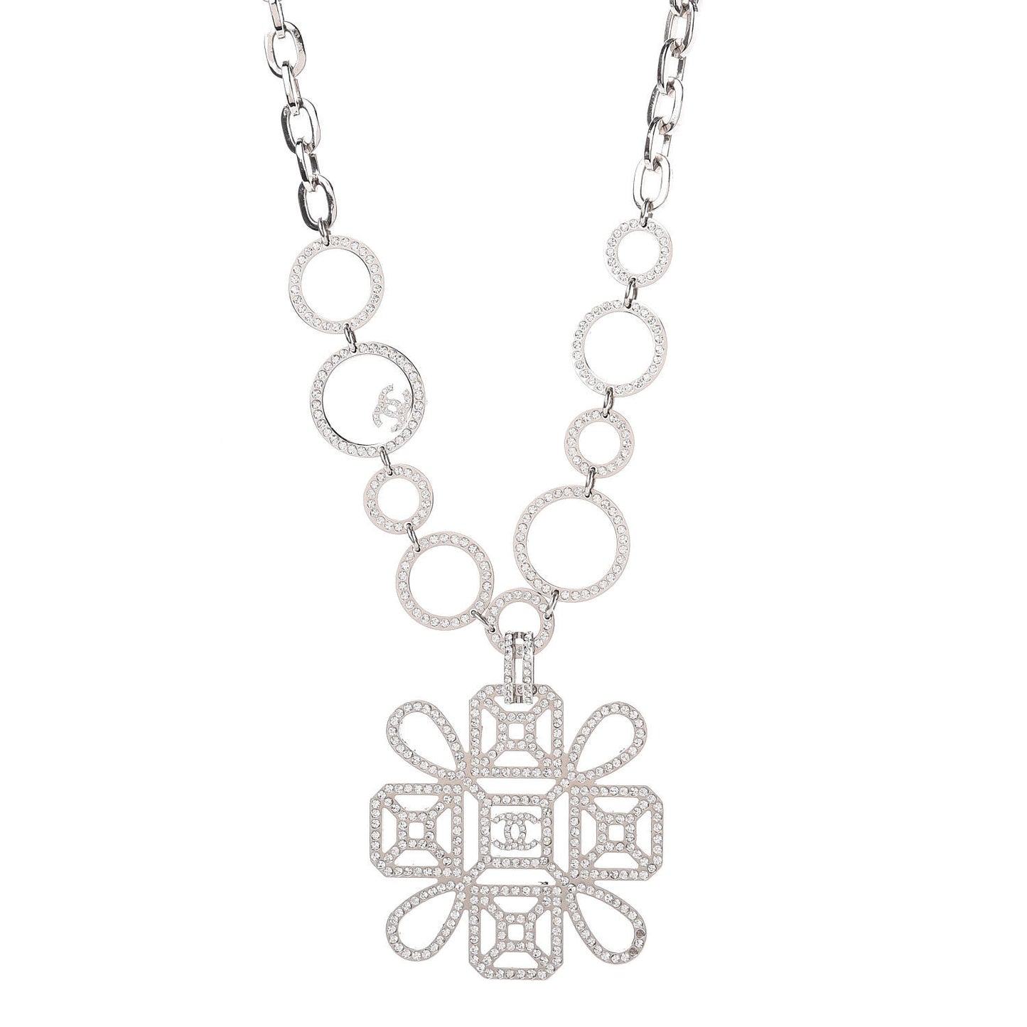 Crystal Strass Cross CC Necklace Silver