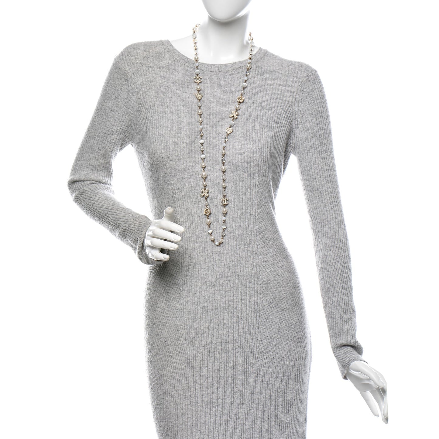 Pearl Crystal CC Beaded Lucky Charms Long Necklace Silver