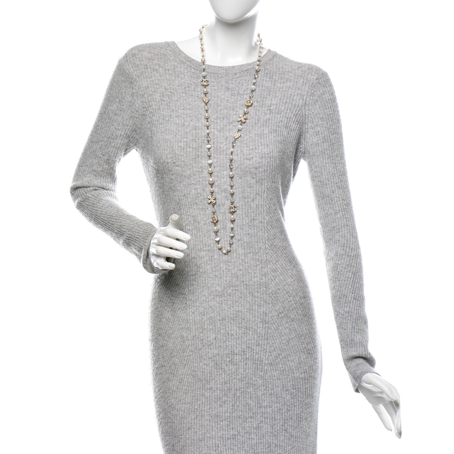 Chanel Pearl Crystal CC Beaded Lucky Charms Long Necklace Silver 2 of 6