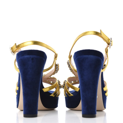 Gucci Velvet Nappa Crystal Zephyra Slingback Platform High Heel Sandals 35.5 Blue Gold 6 of 10