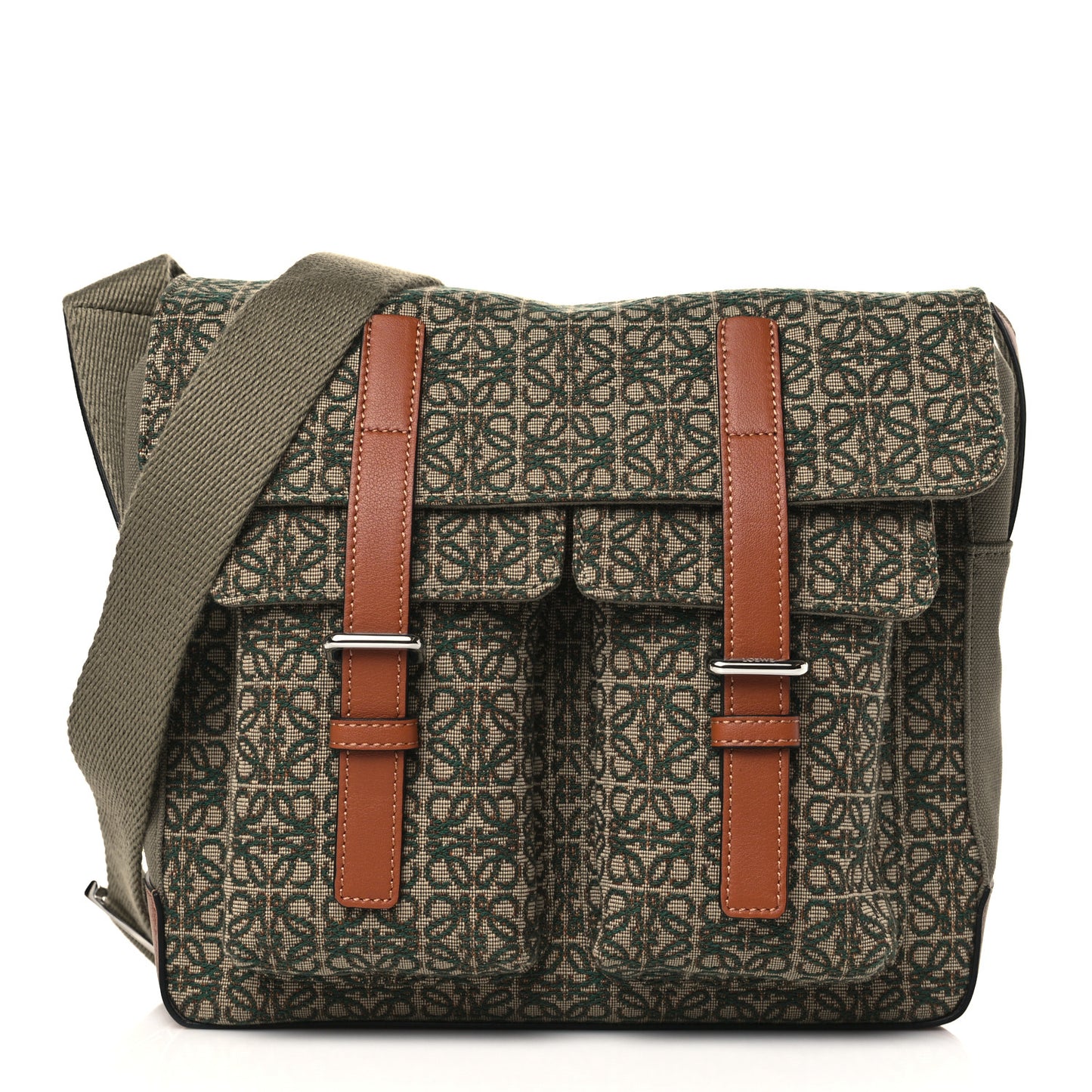 Jacquard Anagram Calfskin Military Satchel Khaki Green Tan