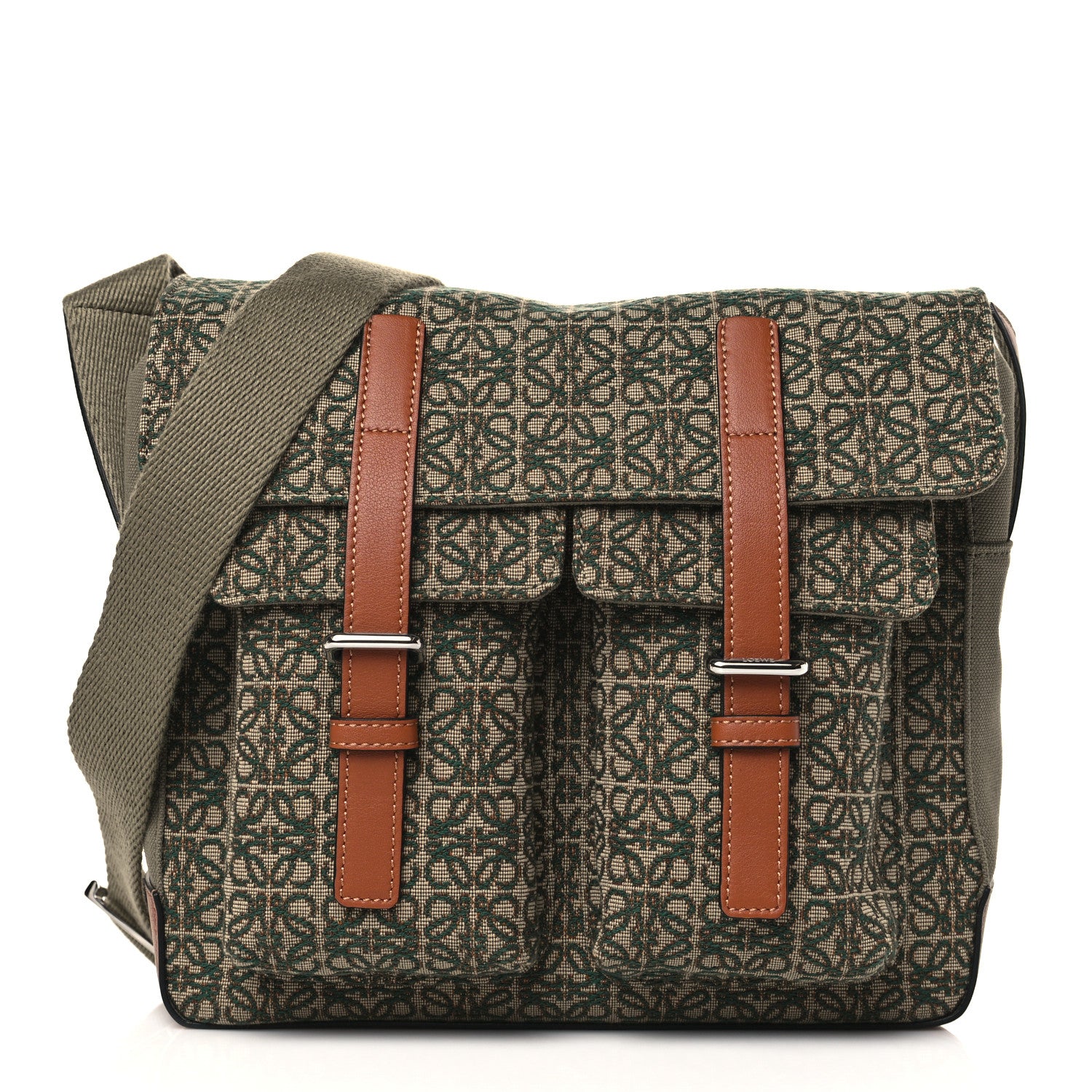 Loewe Jacquard Anagram Calfskin Military Satchel Khaki Green Tan 1 of 8