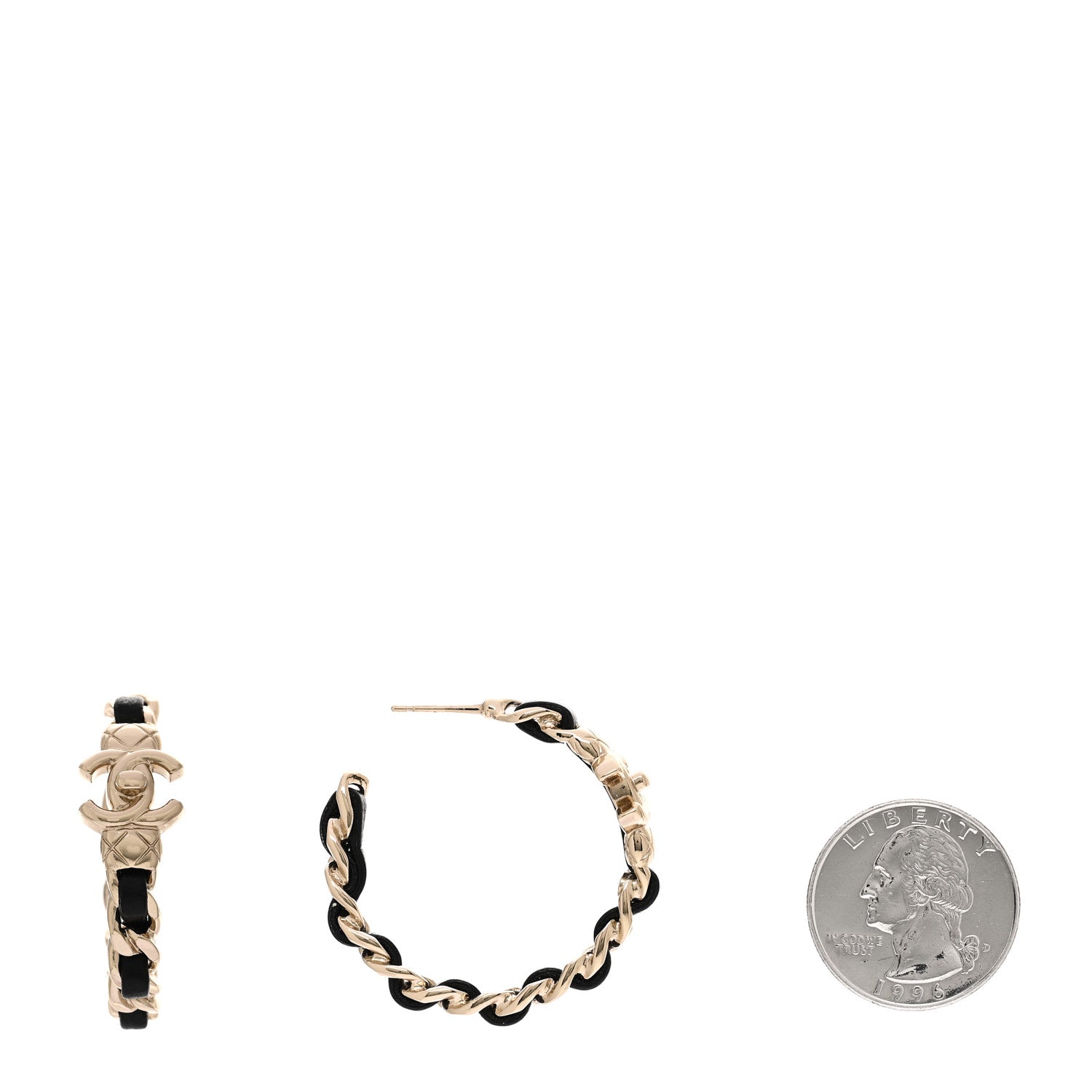Chanel Metal Lambskin Quilted CC Turnlock Chain Hoop Earrings Gold Black 2 of 5