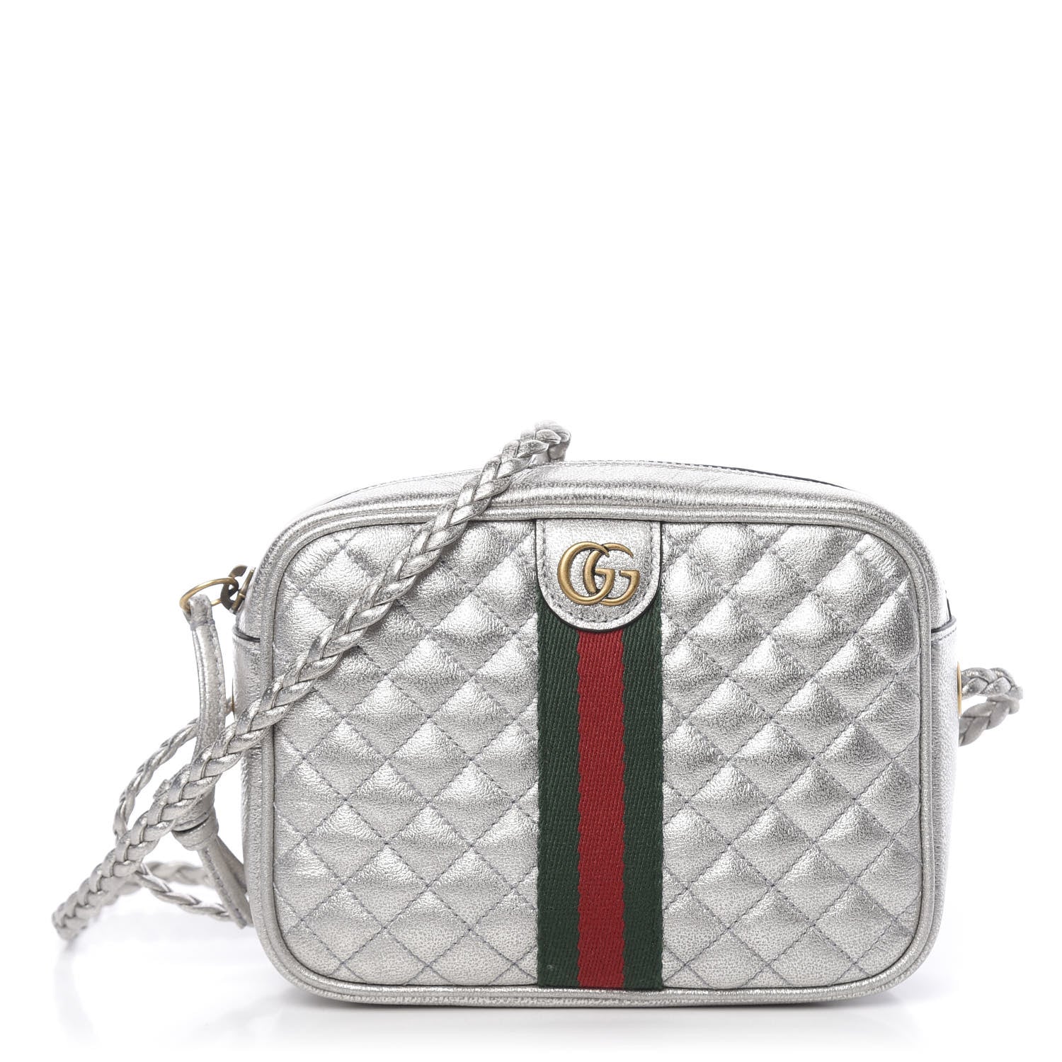 Gucci Laminated Nappa Web Trapuntata Mini GG Shoulder Bag Argento 1 of 11