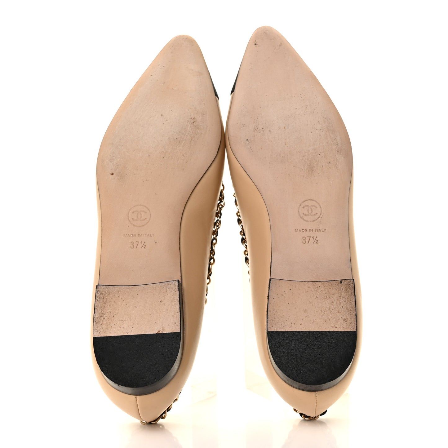 Lambskin Grosgrain Chain Cap Toe Flats 37.5 Beige Black
