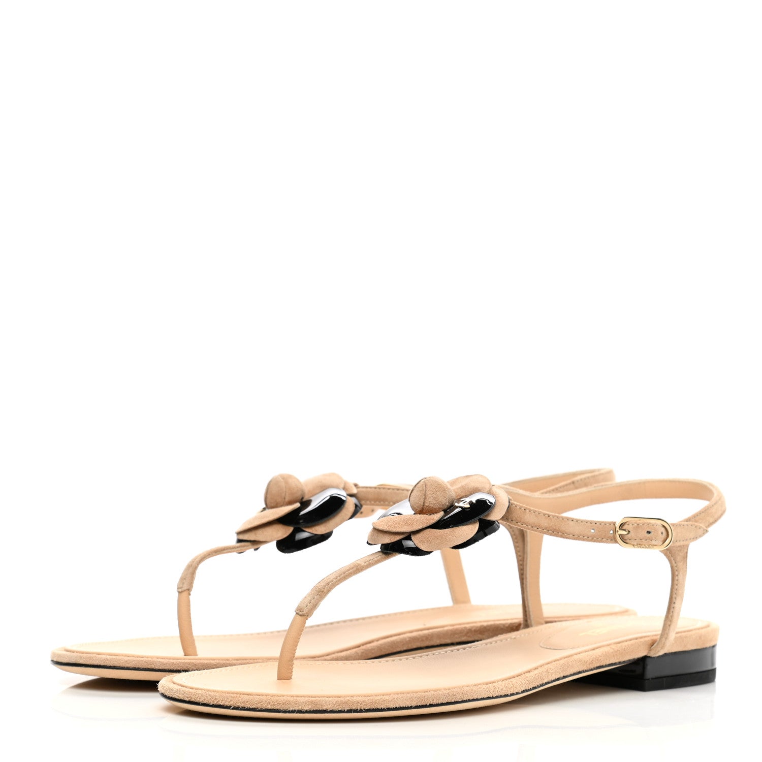 Chanel Suede Patent Calfskin Camellia Thong Sandals 41 Beige Black 3 of 9