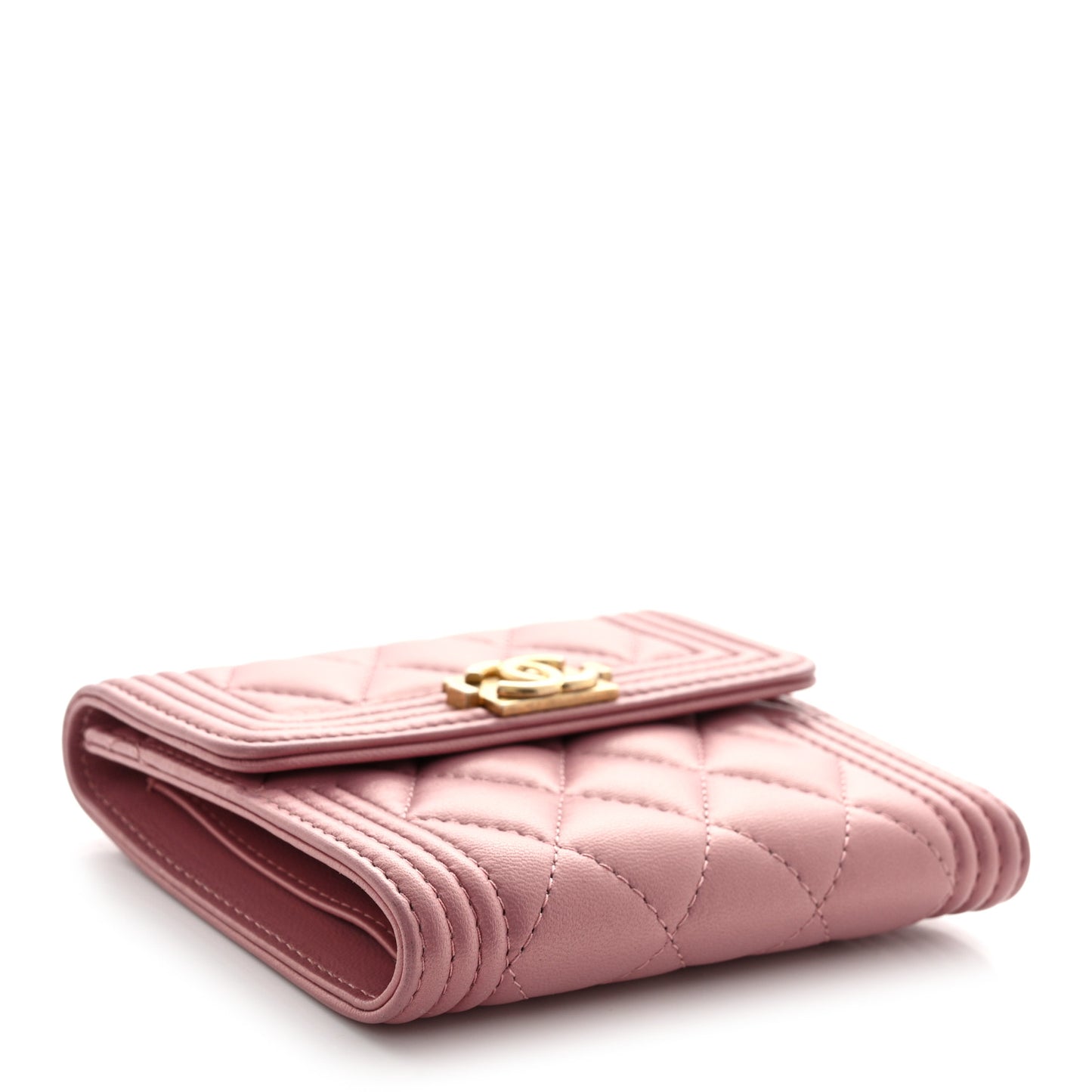 Metallic Lambskin Quilted Compact Boy Wallet Pink