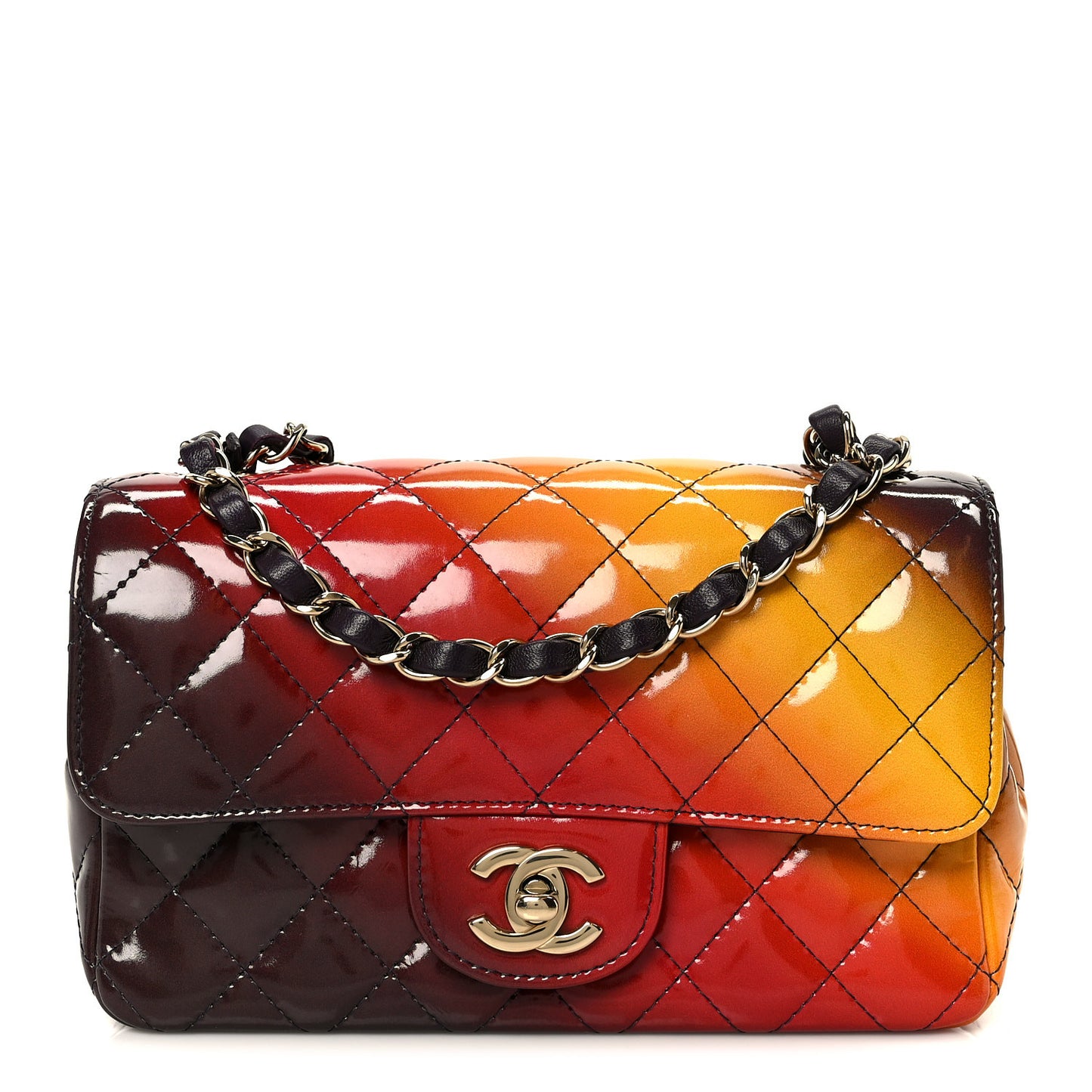 Shaded Patent Calfskin Quilted Mini Rectangular Flap Red Yellow Dark Purple