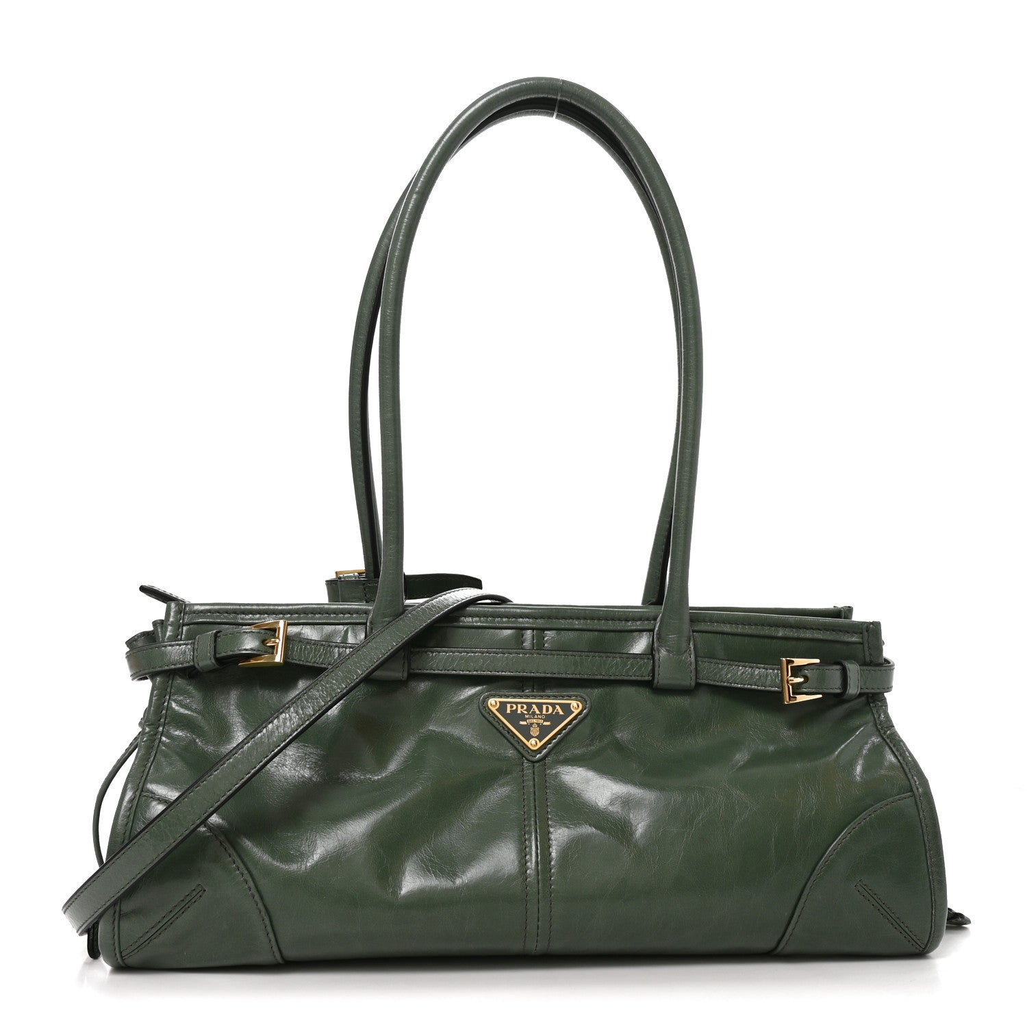 Prada Glossy Calfskin Triangle Medium Bonnie Shoulder Bag Salvia 1 of 9