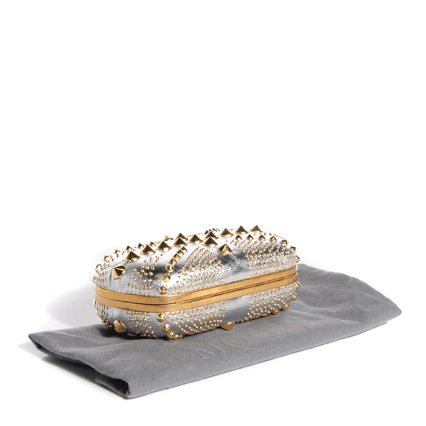 Nappa Studded Britannia Skull Box Clutch Silver